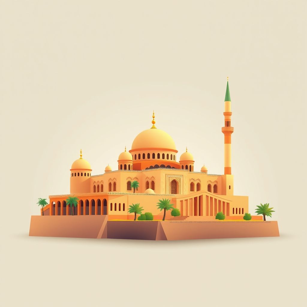 Ultra-high-definition gradient illustration of Sidi Brahim, Ain El Berd, Sidi Bel Abbes, Algeria, featuring the Great Mosque of Tlemcen, Mansourah ruins, and couscous.