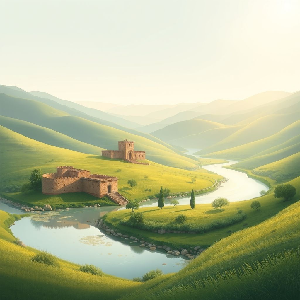 Ultra-high-definition gradient illustration of Breira, showcasing the Chlef River, Castellum Tingitanum ruins, and local cuisine like couscous and mechoui.