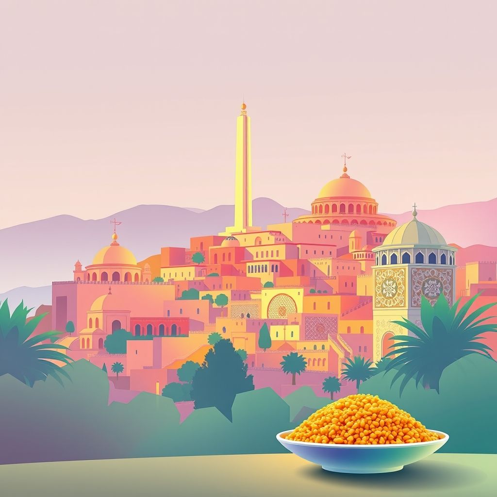 Ultra-high-definition gradient illustration of Haraoua, Rouiba, Algiers, Algeria, featuring the Martyrs' Memorial, the Casbah of Algiers, traditional mosaic patterns, and a hint of couscous.