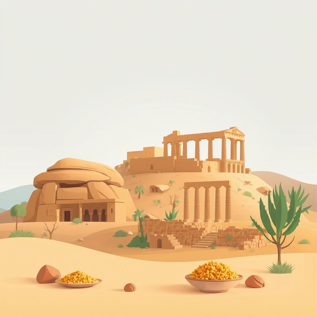 Ultra-high-definition gradient illustration of Dar Ben Abdellah, featuring Tassili n'Ajjer rock art, Djemila ruins, couscous, and méchoui.