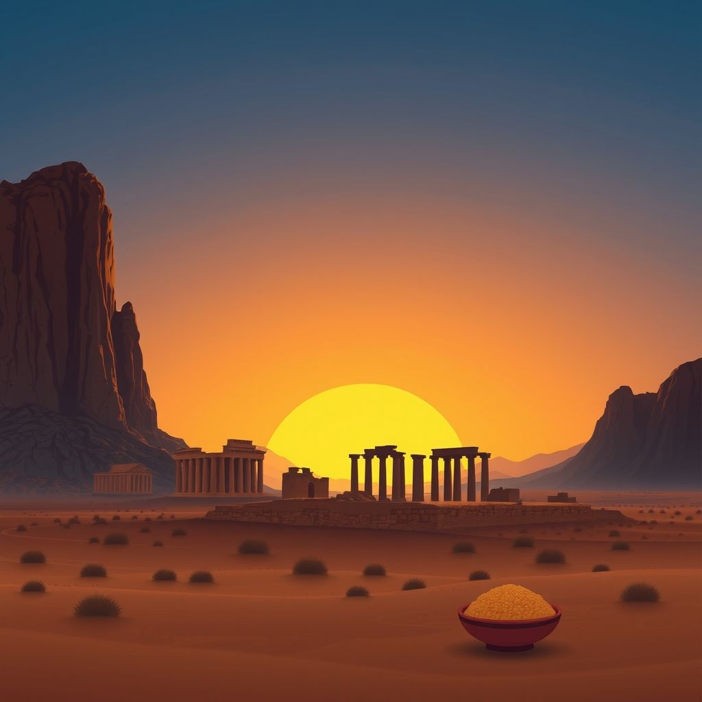 Ultra-high-definition gradient illustration of Bir Ben Abed, Guelb El Kebir, Medea, Algeria, featuring Tassili n'Ajjer rock formations, Djemila ruins, and couscous.