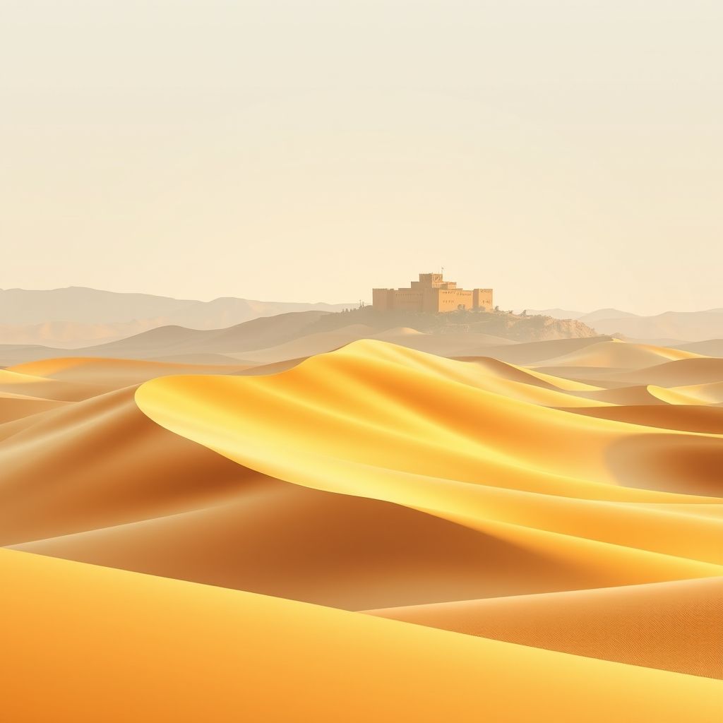 Ultra-high-definition gradient illustration of Tendla, El Oued, Algeria, featuring sand dunes, Zeriba fortress, and traditional couscous.
