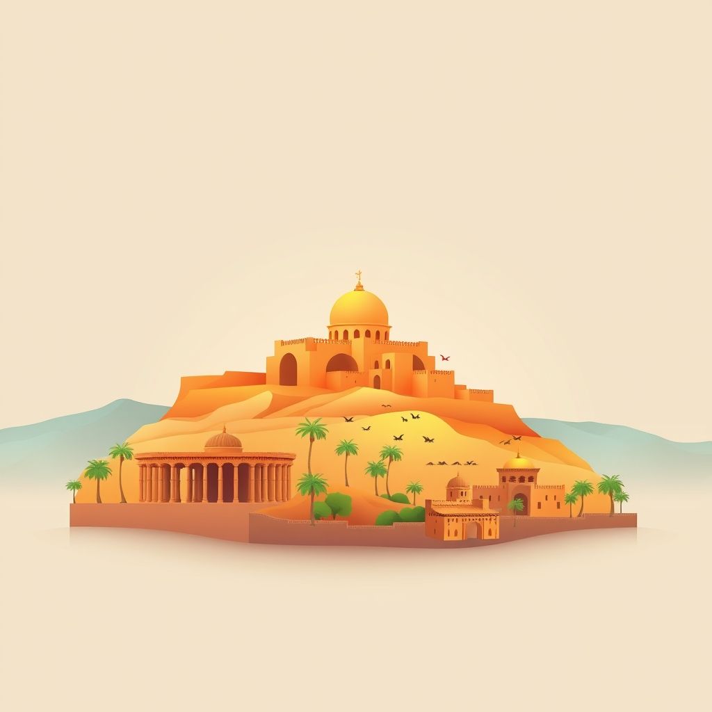 Ultra-high-definition gradient illustration of Beidha, showcasing Timgad ruins, Saharan landscape, Berber architecture, Laghouat citadel, and local cuisine.