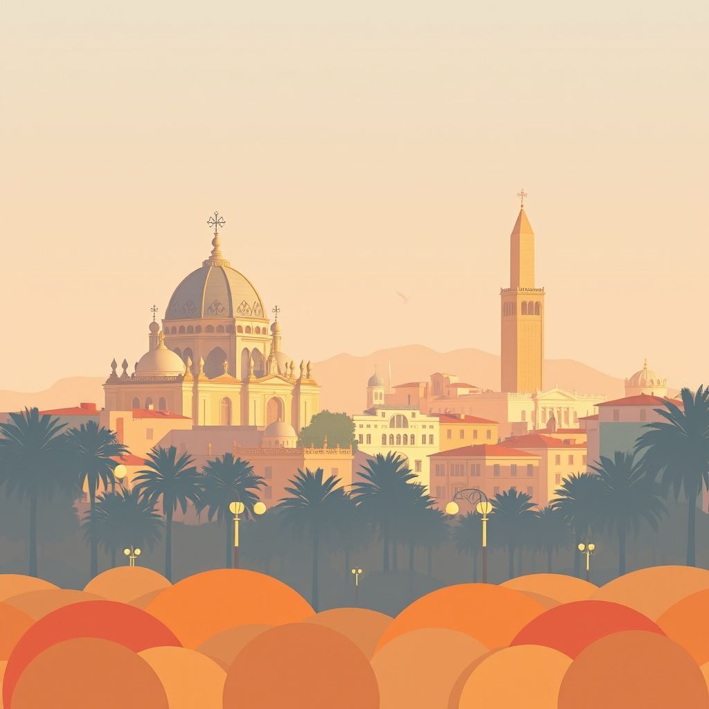 Ultra-high-definition gradient illustration of Baba Hassen, Draria, Algiers, Algeria, featuring Notre-Dame d'Afrique, Martyrs' Memorial, and couscous.