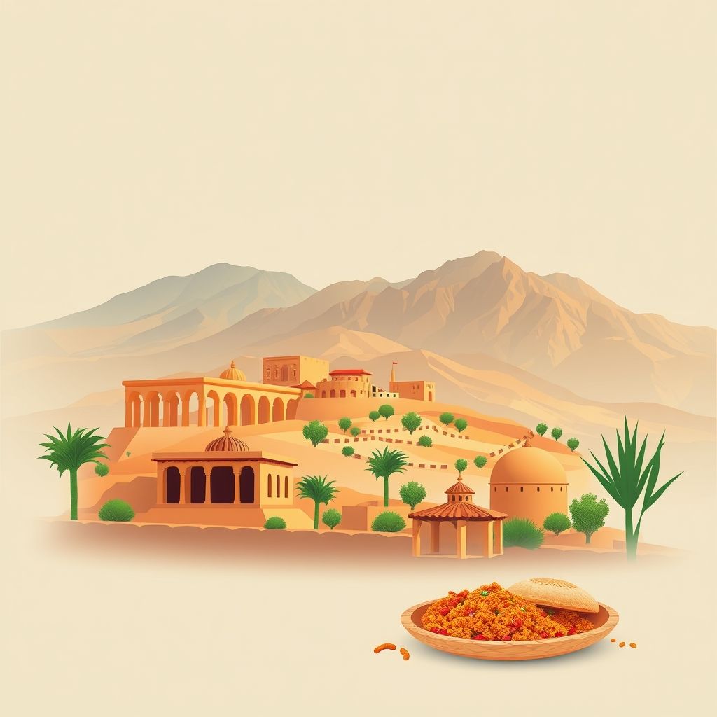 Ultra-high-definition gradient illustration of Mouadjebar, Ain El Ibel, Djelfa, Algeria, featuring ancient Roman ruins, Saharan Atlas Mountains, Berber textiles, couscous, and mechoui.