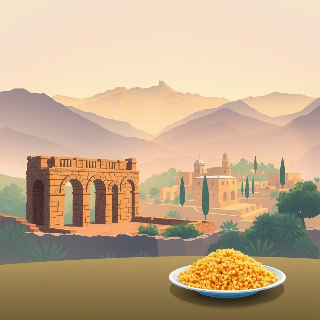 Ultra-high-definition gradient illustration of Zakkar, Ain El Ibel, Djelfa, Algeria, featuring ancient Roman ruins, the Atlas Mountains, and local cuisine like couscous.