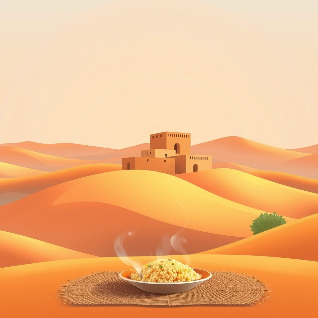 Ultra-high-definition gradient illustration of Taglait, featuring rolling hills, traditional Berber architecture, and couscous.