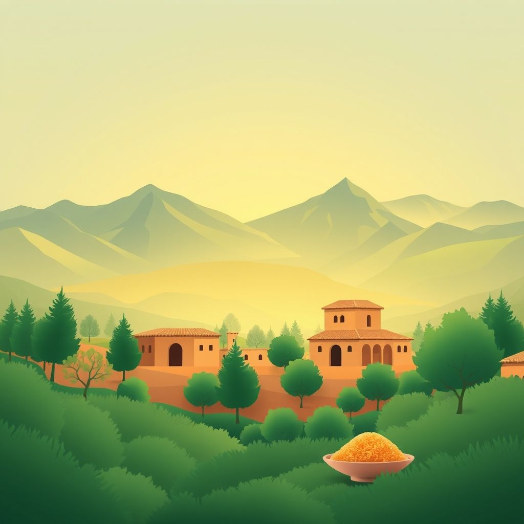 Gradient illustration of El Anseur, Bordj Ghedir, Bordj Bou Arreridj, Algeria, featuring lush forests, scenic mountains, traditional architecture, and couscous.