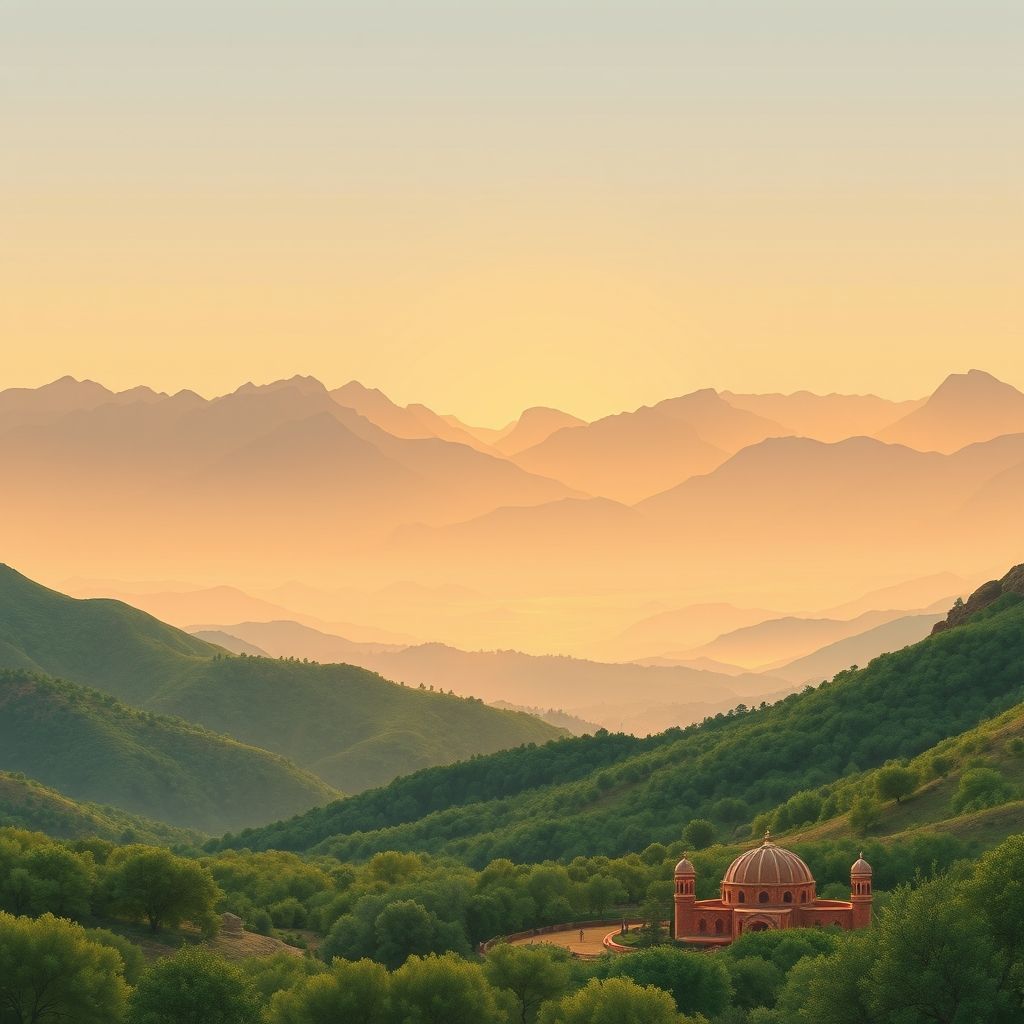 Ultra-high-definition gradient illustration of Tizi N'Thleta, featuring Djurdjura National Park, Kabylie region, and local specialties like couscous and tagine.