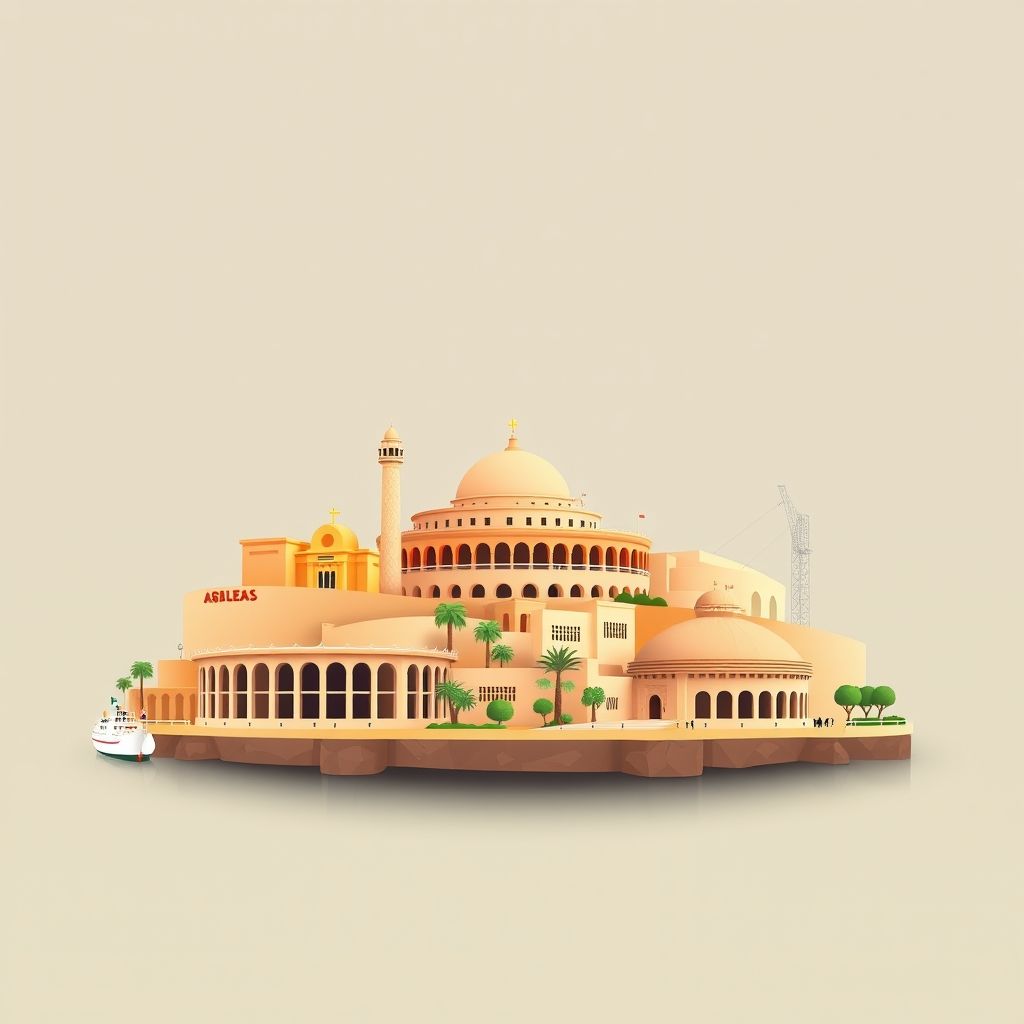 High-definition gradient illustration of Bir El Ouiden, Tamalous, Skikda, Algeria, featuring Skikda Port, Stade 20 Août 1955, Roman Theatre of Skikda, and couscous.