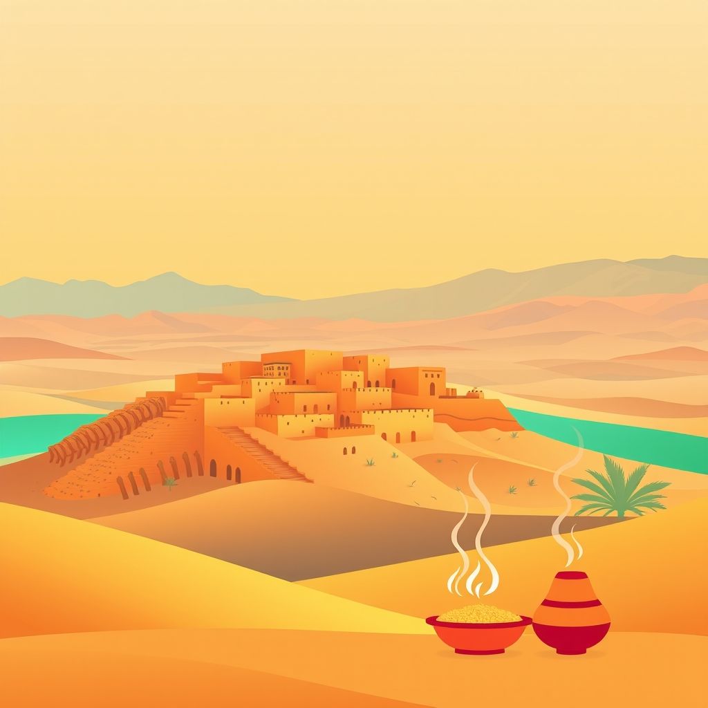 Ultra-high-definition gradient illustration of Meridja, Kenadsa, Bechar, Algeria, featuring the ancient ksar, desert landscapes, couscous, and tagine.