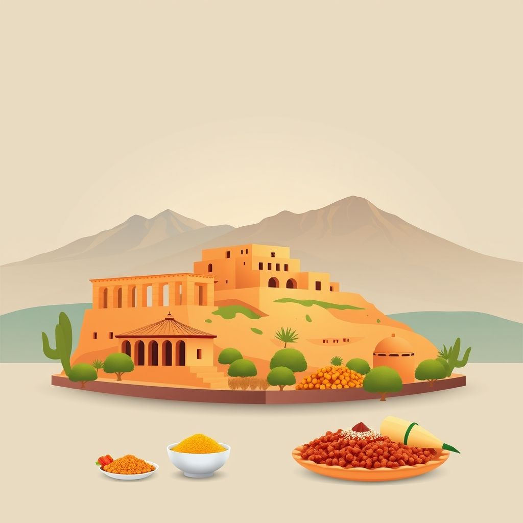 Ultra-high-definition gradient illustration of Talkhemt, Ras El Aioun, Batna, Algeria, featuring Timgad Roman ruins, Aurès Mountains, and local foods like couscous and tagine.