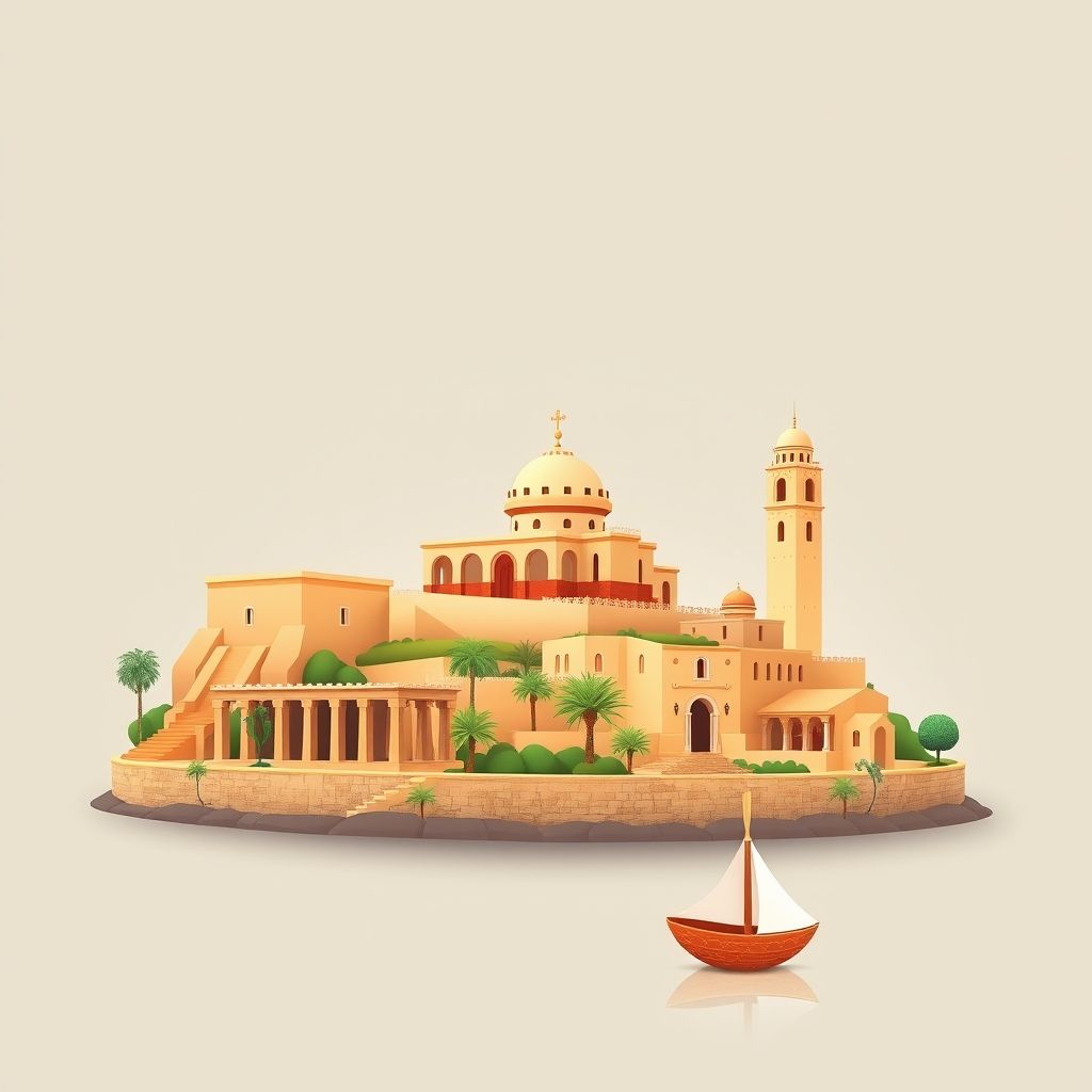 Ultra-high-definition gradient illustration of Oued El Aneb, Berrahal, Annaba, Algeria, featuring Hippo Ruins, Basilica of Saint Augustine, and traditional Algerian pottery.