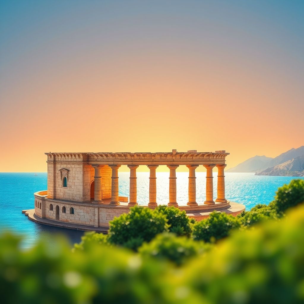 Ultra-high-definition gradient illustration of Ain Bouziane, Sidi Mezghiche, Skikda, Algeria, featuring the Roman Theatre of Skikda, Mediterranean coastline, and Makroudh.