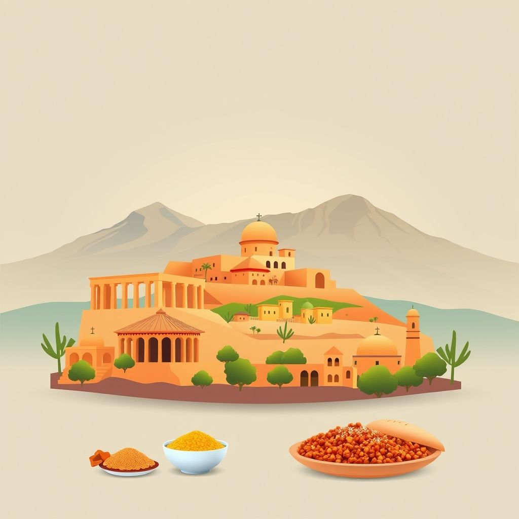 Ultra-high-definition gradient illustration of Boumia, El Madher, Batna, Algeria, featuring the Roman ruins of Timgad, Aurès Mountains, couscous, and tagine.