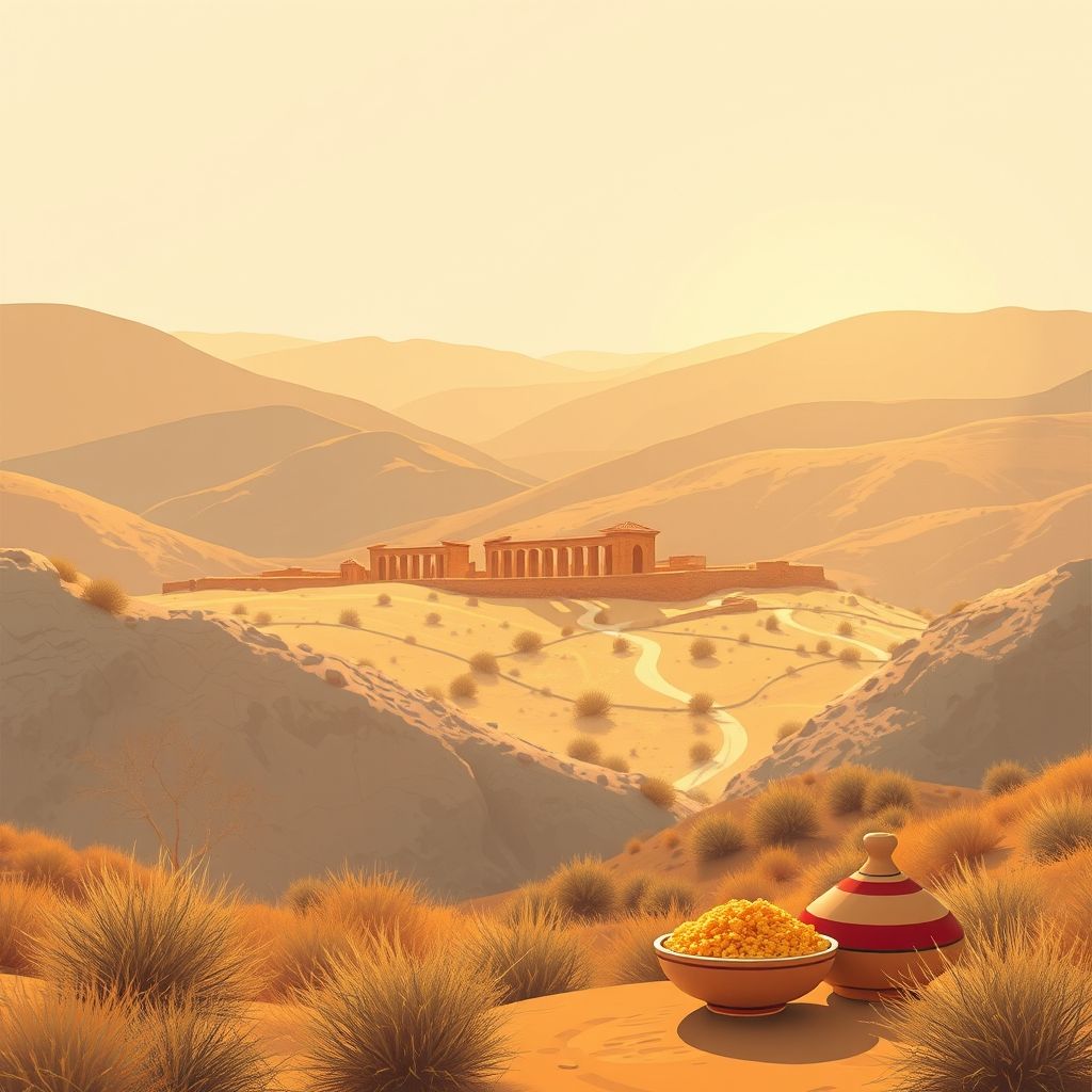 Ultra-high-definition gradient illustration of Bir Dheheb, Morsott, Tebessa, Algeria, featuring ancient Roman ruins, beautiful landscapes, and Algerian special foods like couscous and tagine.