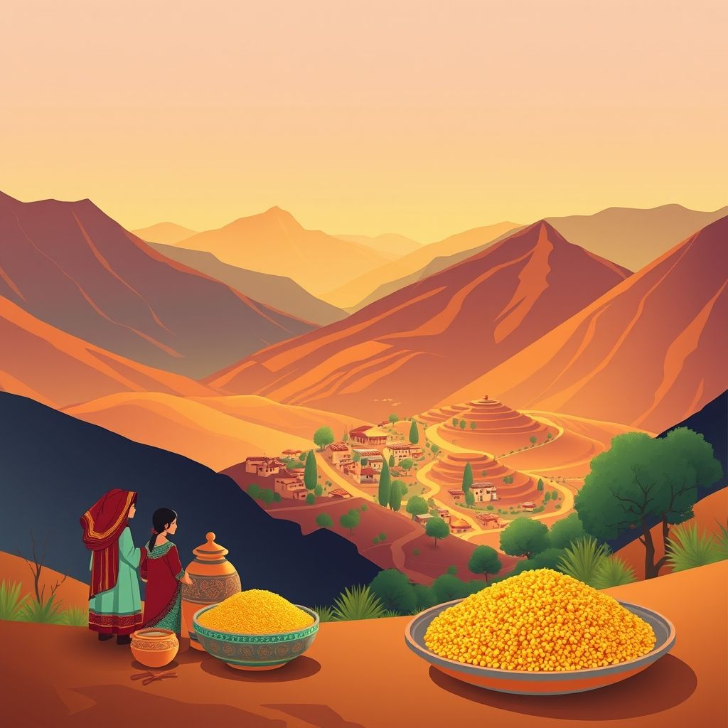 Ultra-high-definition gradient illustration of Ait Aissa Mimoun featuring Djurdjura National Park, Kabylie villages, Berber clothing, pottery, and couscous.