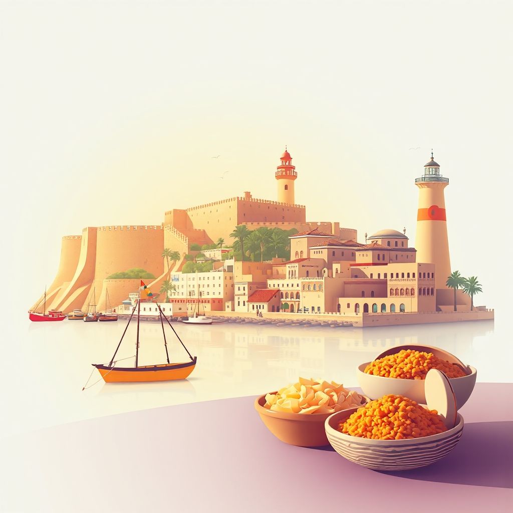 Ultra-high-definition gradient illustration of Ouled Boughalem, featuring the Spanish Fort, Cap Ivi lighthouse, traditional architecture, and local specialties like couscous and makrout.