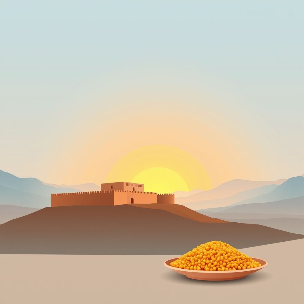 Ultra-high-definition gradient illustration of M'Tarfa, featuring Beni Hammad Fort, Atlas Mountains, and traditional Algerian couscous.