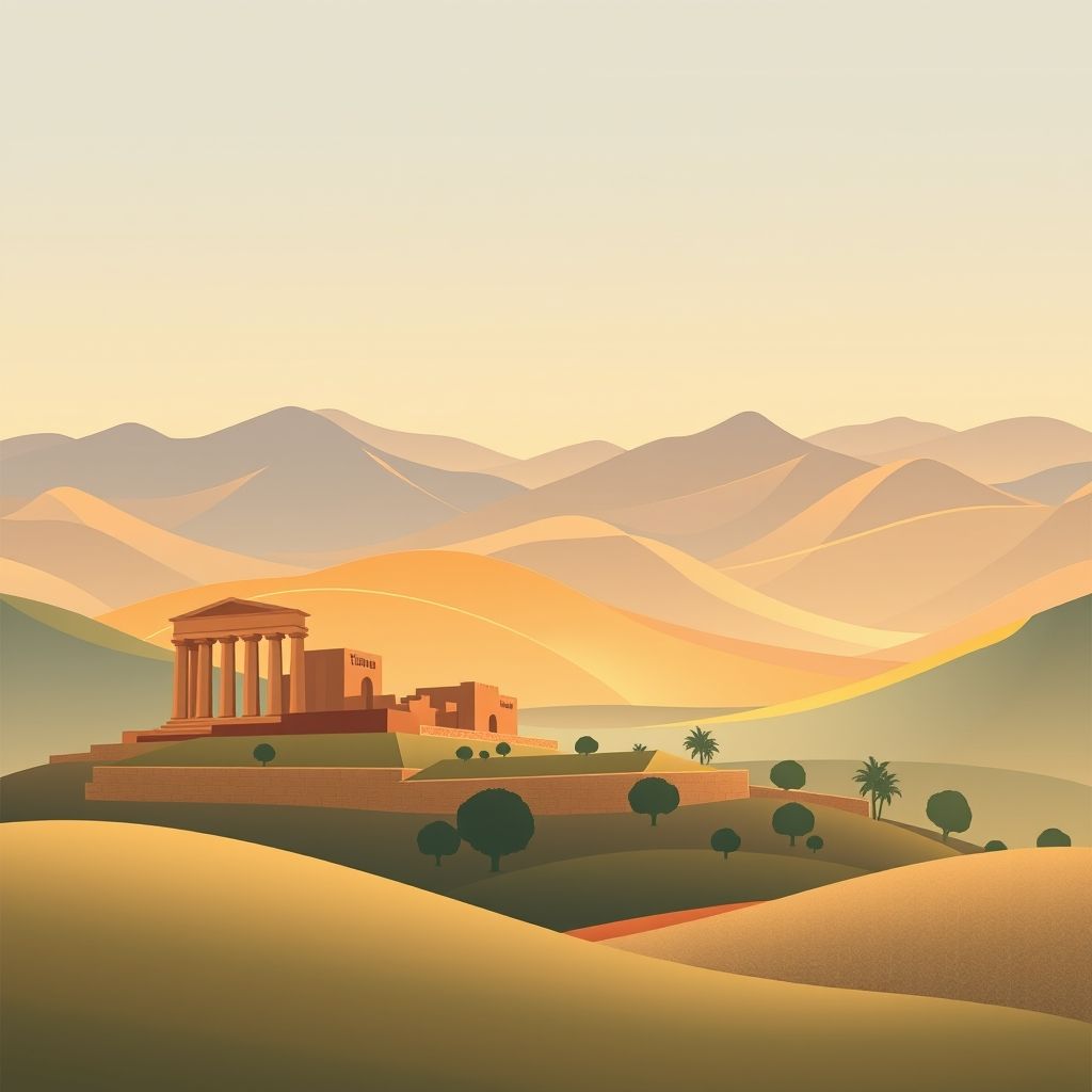 Gradient illustration of Batna, Algeria, featuring the Roman ruins of Timgad, Aurès Mountains, Berber textiles, and couscous.
