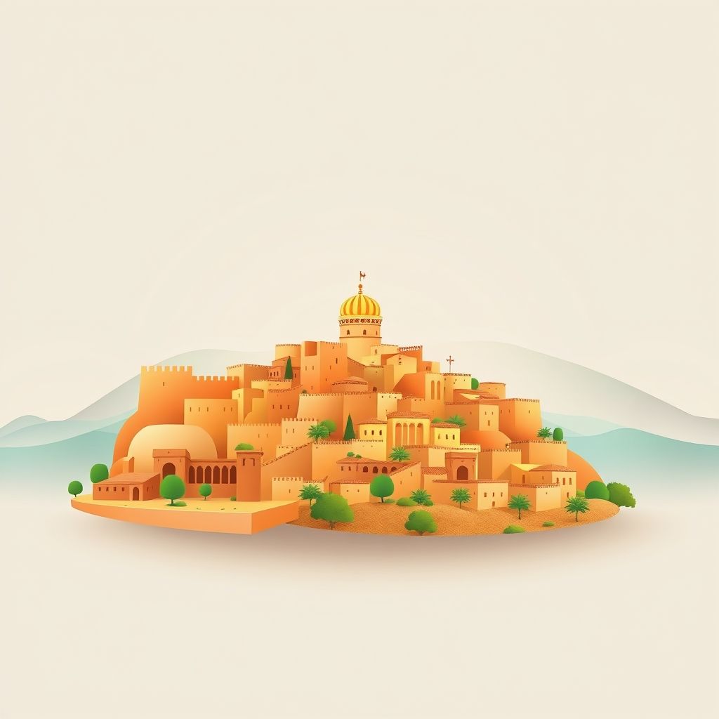 Ultra-high-definition gradient illustration of Ksour, El Hamadia, Bordj Bou Arreridj, Algeria, featuring ancient ksour villages, scenic landscapes, and traditional Berber architecture.