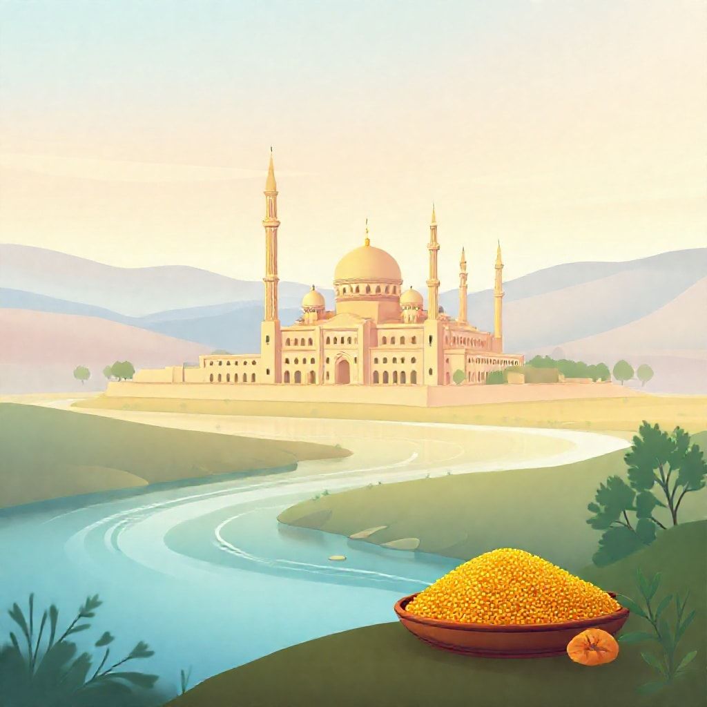 Gradient illustration of Labiodh Medjadja with the Great Mosque of Chlef, Chlef River, and Couscous.
