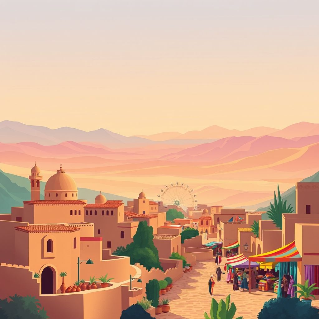 Ultra-high-definition gradient illustration of Dhayet Bendahoua, featuring M'zab Valley, Ghardaia town, traditional architecture, and local markets.