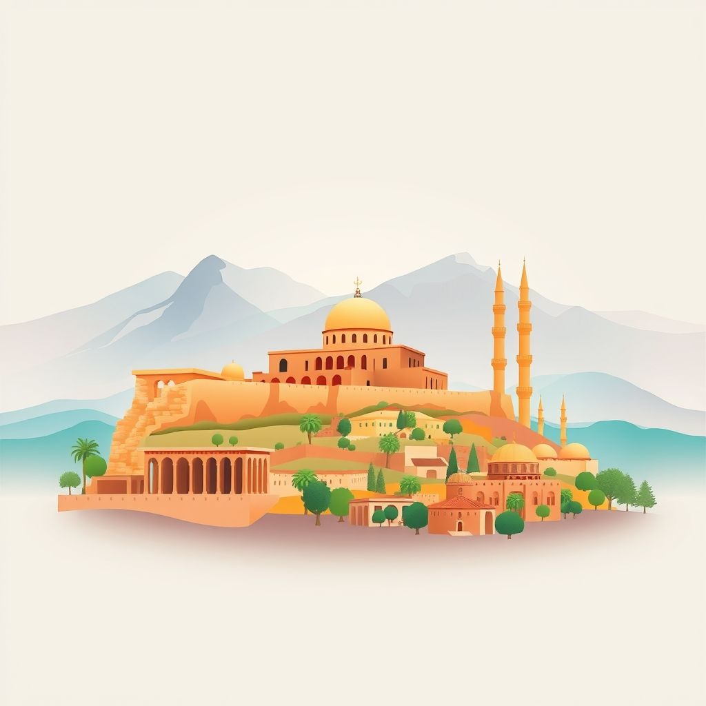 Ultra-high-definition gradient illustration of M'Zada, Bouandas, Setif, Algeria, featuring the ancient Roman ruins of Djemila, scenic mountains, Berber architecture, historic mosques, and couscous.
