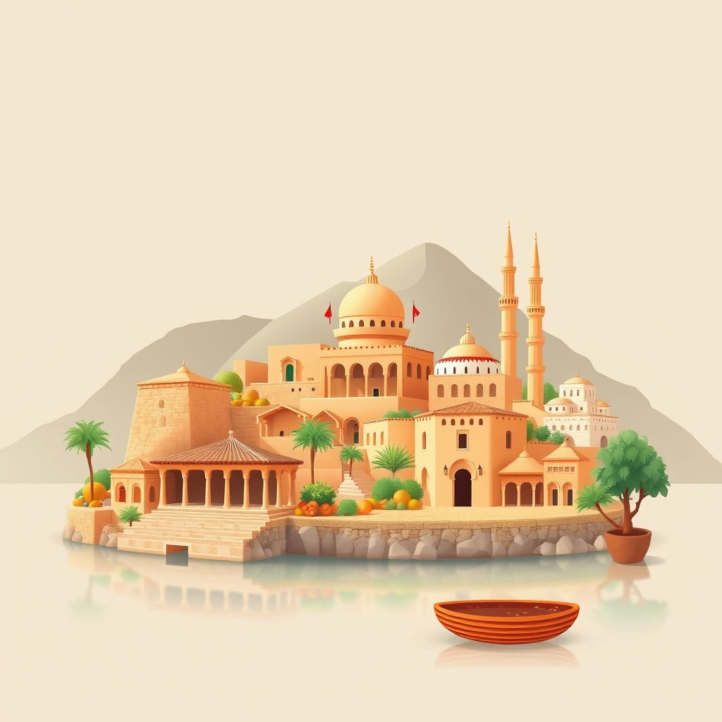 Ultra-high-definition gradient illustration of Ain Torki, featuring Roman ruins of Tigzirt, natural hot springs, Berber architecture, historic mosques, and local cuisine.