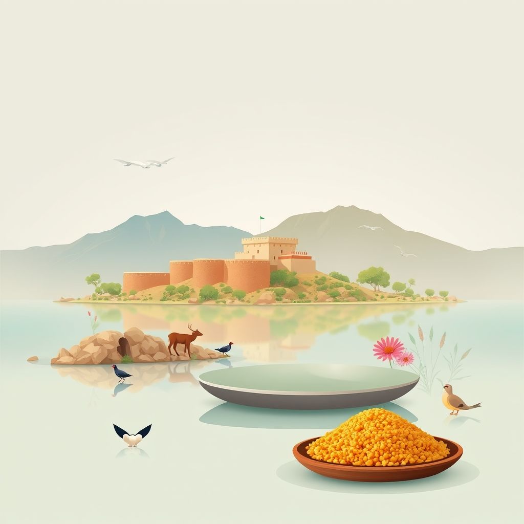 Ultra-high-definition gradient illustration of Lac Des Oiseaux, featuring El Bey Fort, El Kala National Park, and local wildlife, with a subtle depiction of traditional couscous.