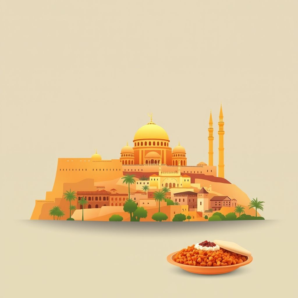Ultra-high-definition gradient illustration of Merine, Sidi Bel Abbes, Algeria, featuring the Great Mosque of Tlemcen, Mansourah, couscous, and méchoui.