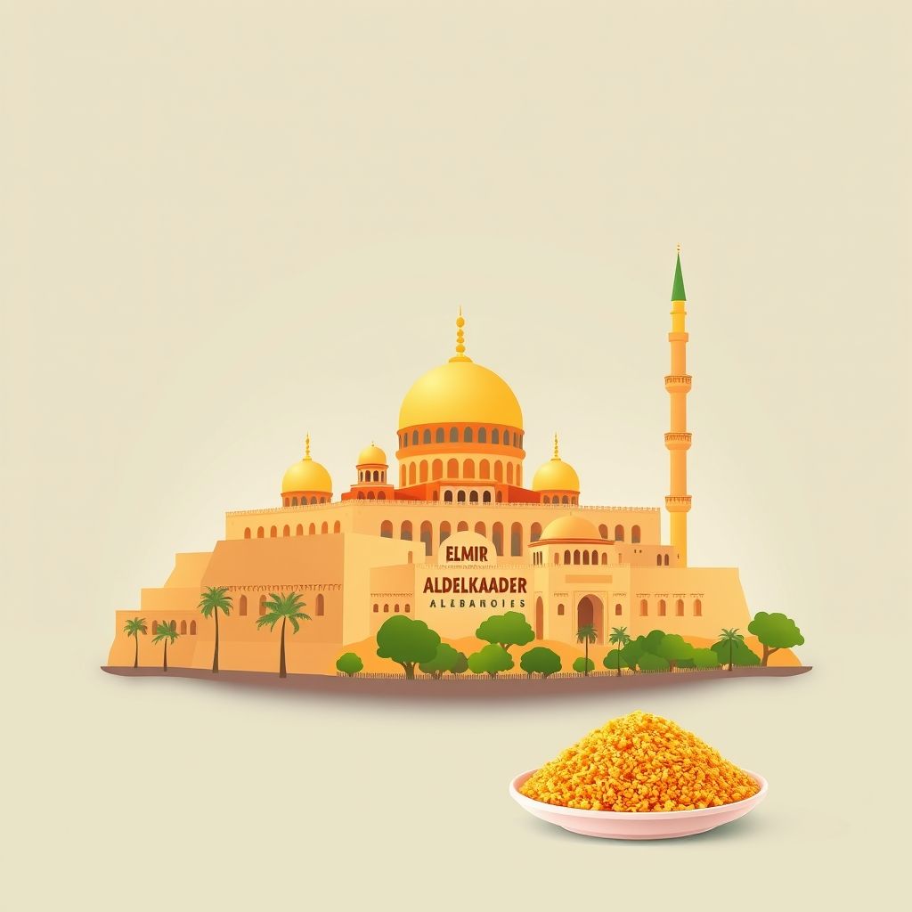 Gradient illustration of El Emir Abdelkader, Algeria featuring the Great Mosque of Tlemcen and Couscous.
