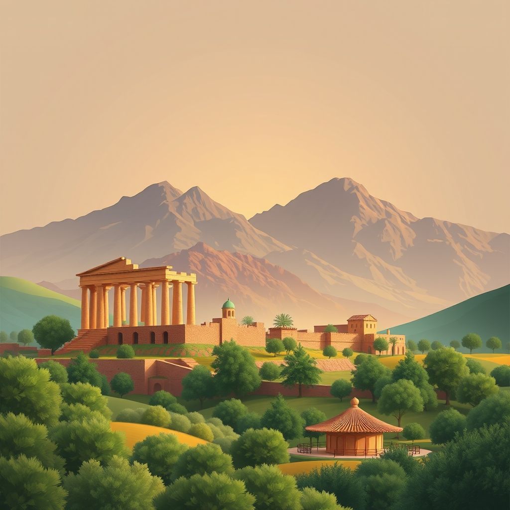 Ultra-high-definition gradient illustration of Larbaa, Bouzina, Batna, Algeria, featuring the ancient Roman ruins of Timgad, Aures Mountains, and local cuisine like couscous and mechoui.