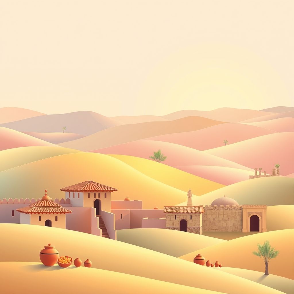 Gradient illustration of Ain Soltane, Ain Lechiakh, Ain Defla, Algeria, featuring rolling hills, traditional architecture, historical references, and local specialties like couscous.