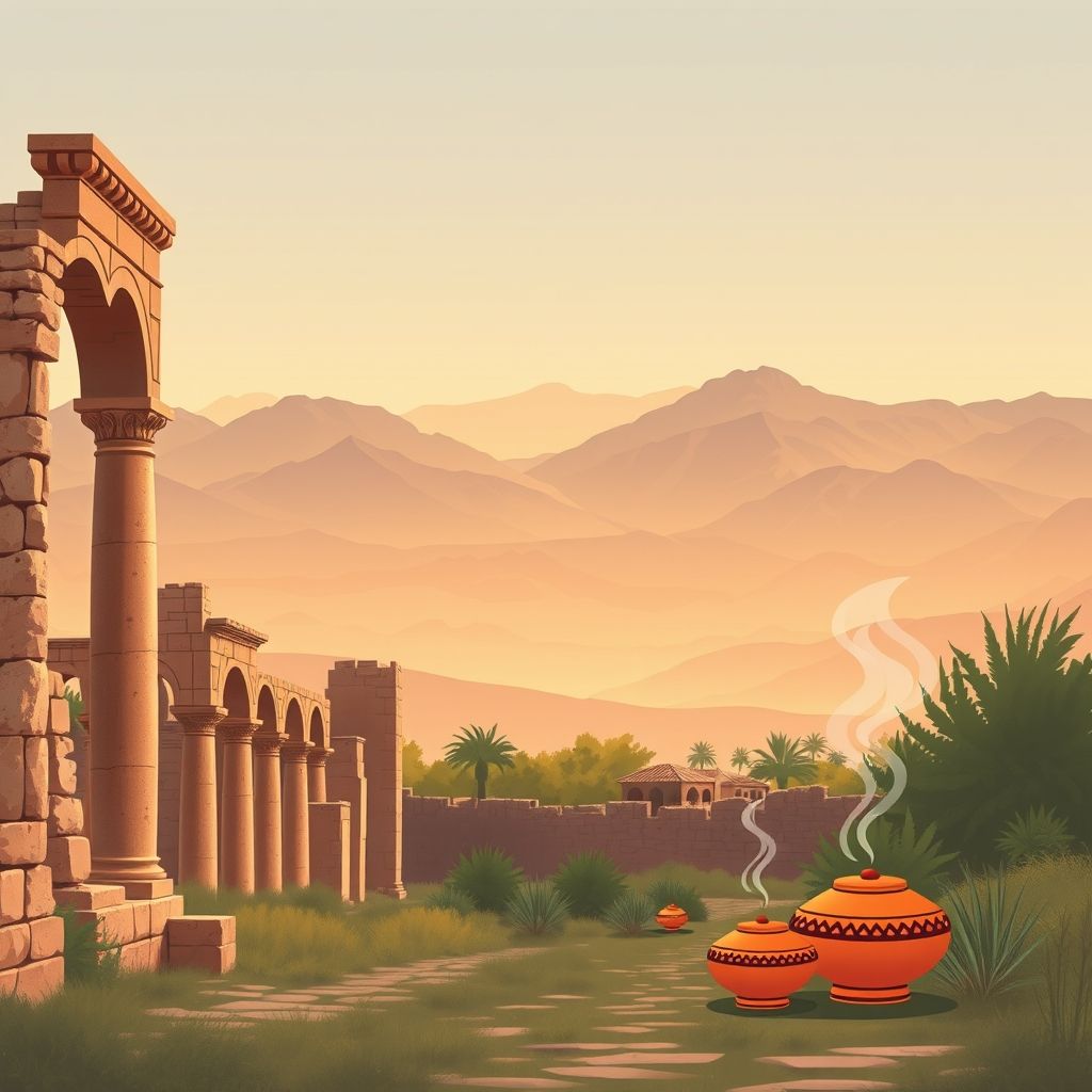 Ultra-high-definition gradient illustration of Ain Fekka, Had Sahary, Djelfa, Algeria, featuring ancient Roman ruins, Saharan Atlas Mountains, and traditional Berber culture.