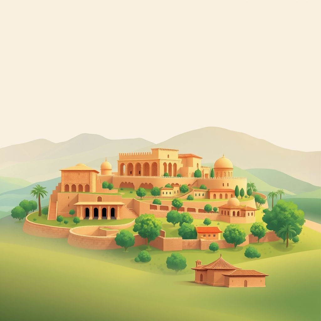 Ultra-high-definition gradient illustration of Ain Ben Beida, featuring Roman ruins of Guelma, historic architecture, countryside, and local dishes like couscous and tagine.