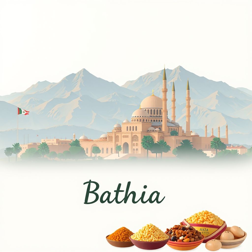 Gradient illustration of Bathia, Algeria with the Great Mosque and Ain Defla mountains.