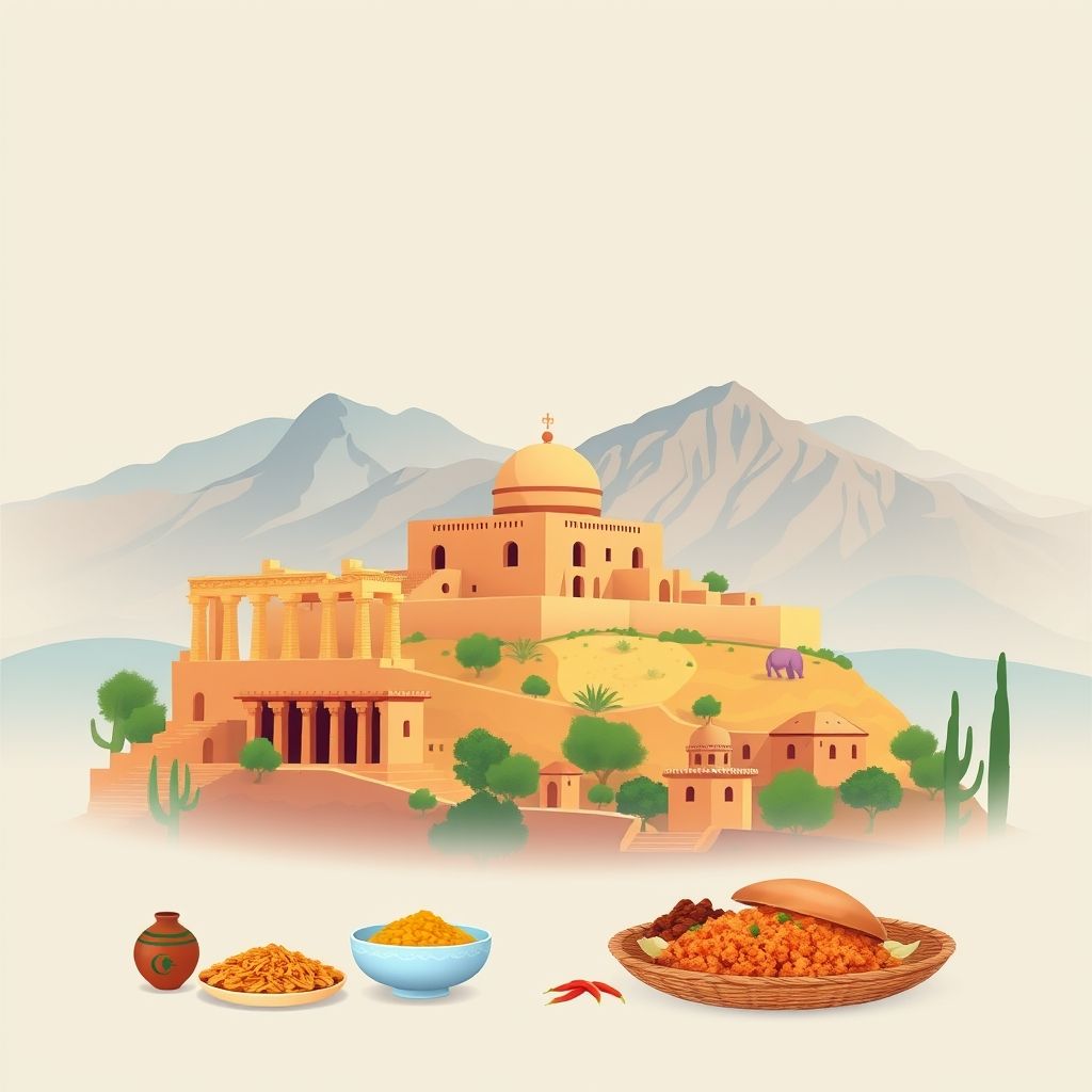 Ultra-high-definition gradient illustration of Tella, Algeria, featuring the Roman ruins of Djemila, mountain landscapes, Berber jewelry, pottery, couscous, and mechoui.