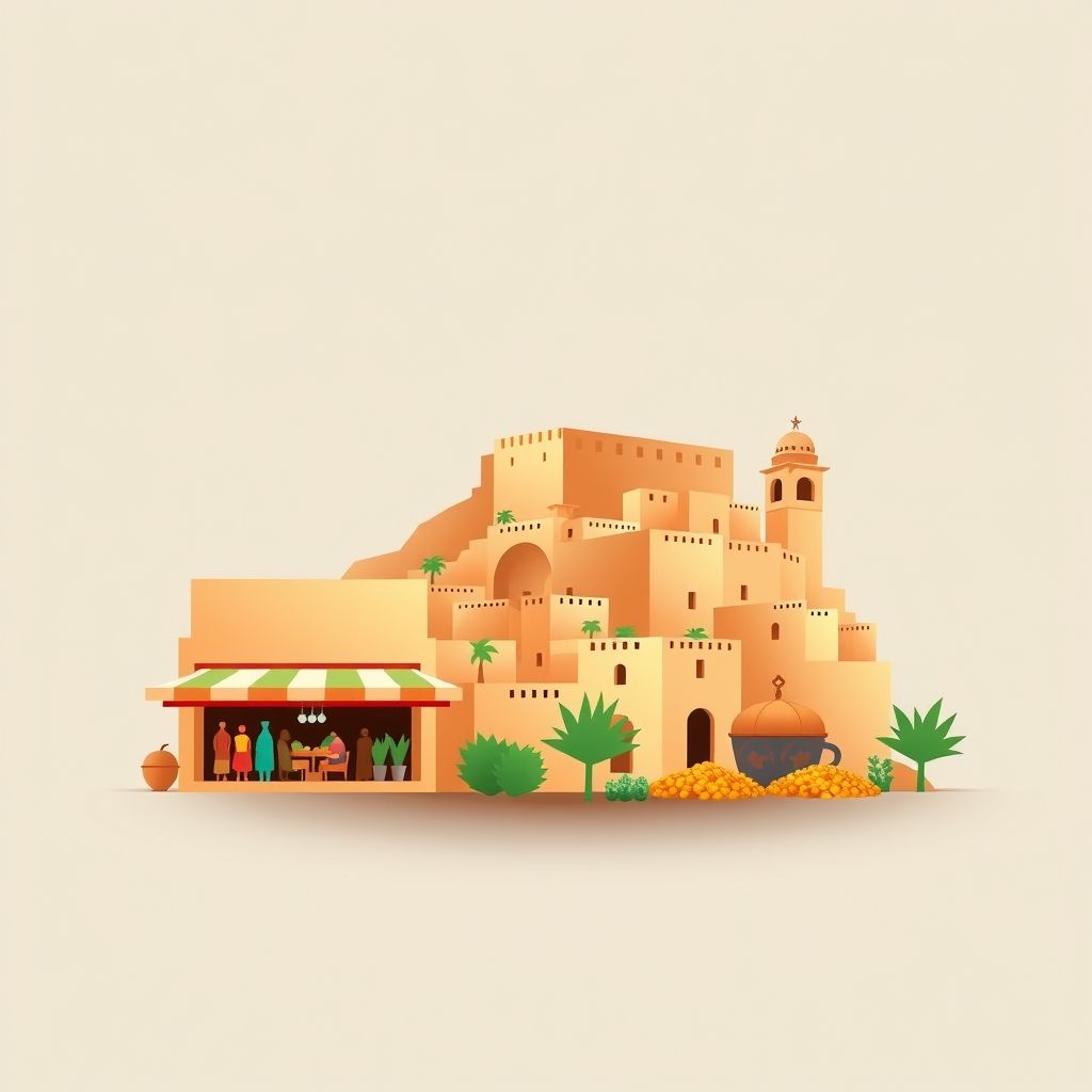 Gradient illustration of Beni Guecha featuring Souk of El Oued, Ksar of Beni Guecha, and Couscous.