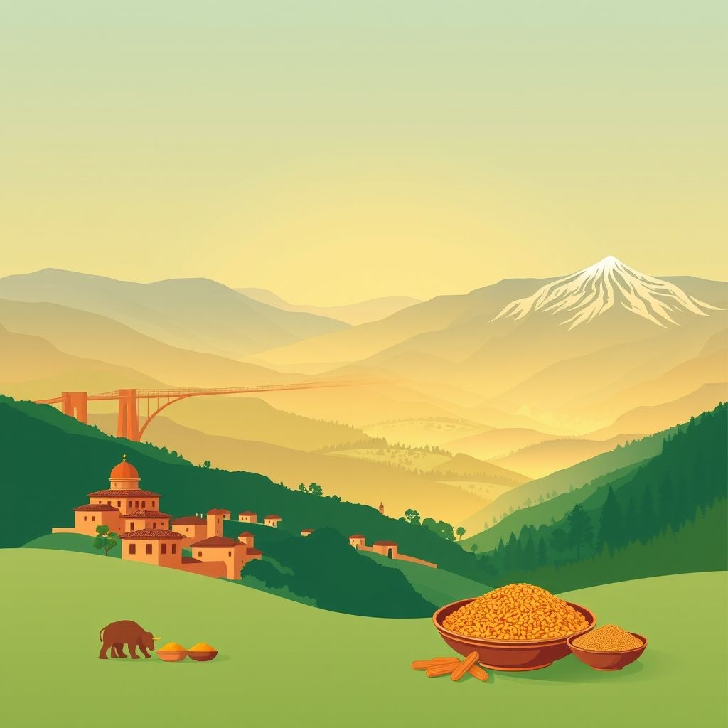 Ultra-high-definition gradient illustration of Zbarbar, Algeria, featuring the Kherrata Bridge, Djurdjura National Park, and local couscous.