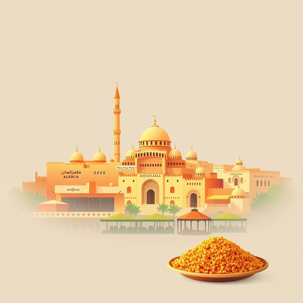 Ultra-high-definition gradient illustration of Djemaa Ouled Cheikh, featuring historic mosques, traditional markets, and couscous.