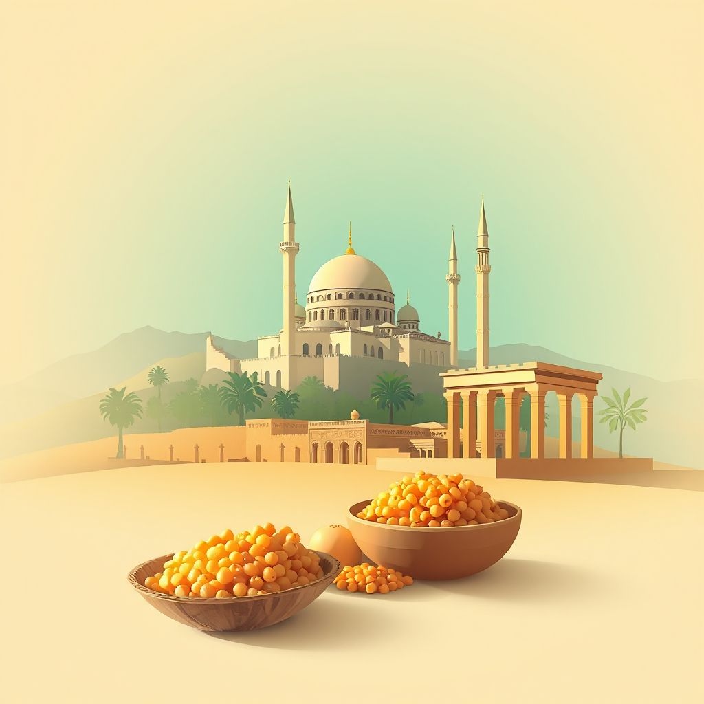 High-definition gradient illustration of Bougara, Algeria featuring the Tiaret Mosque, ancient ruins, and Couscous.
