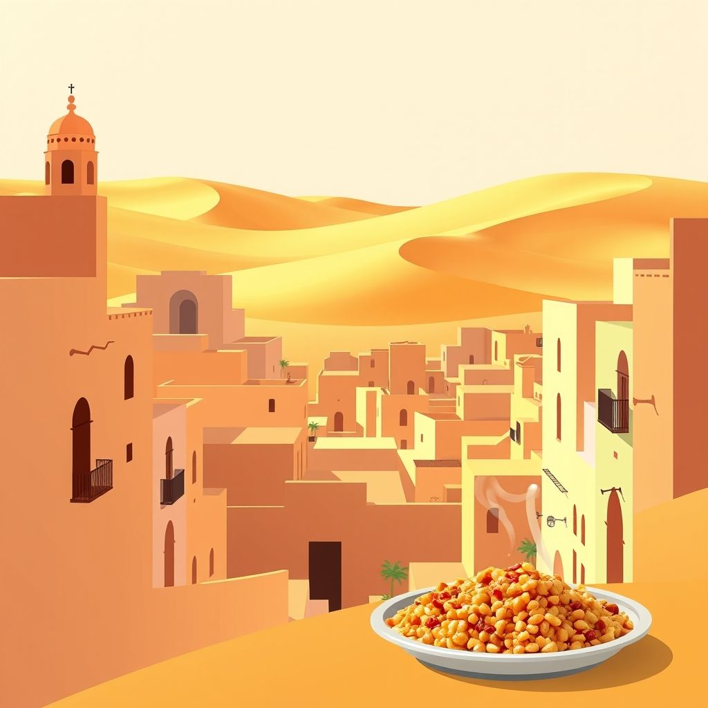 Ultra-high-definition gradient illustration of El Allia, Ouargla, Algeria, featuring Ouargla Old Town, Sahara Desert sand dunes, and couscous.