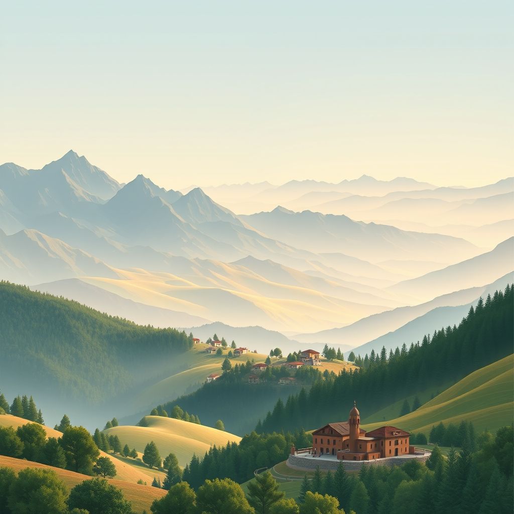 Ultra-high-definition gradient illustration of Ain Zaouia, featuring Djurdjura National Park, Tikjda ski resort, and local cuisine like couscous and tajine.
