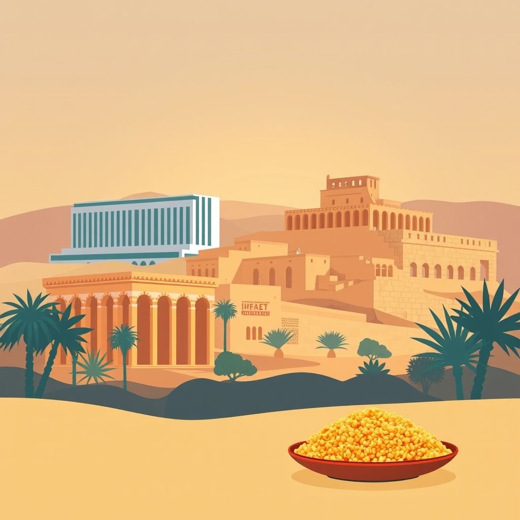 Ultra-high-definition gradient illustration of Ouled Sabor, Guidjel, Setif, Algeria, featuring Setif University, Djemila ruins, Berber textiles, Numidian heritage, and couscous.