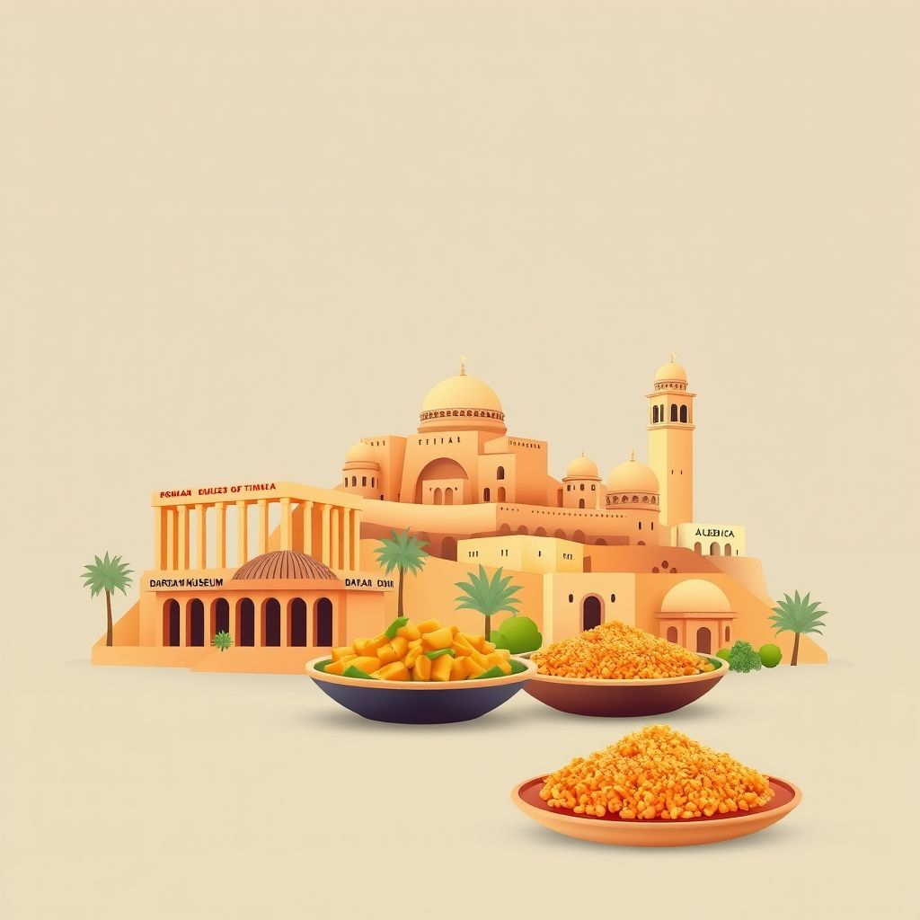 Ultra-high-definition gradient illustration of Fesdis, Algeria, featuring the Roman Ruins of Timgad, the Batna Museum, and couscous.