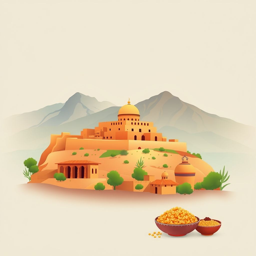 Ultra-high-definition gradient illustration of Beni Aziz, Setif, Algeria, featuring Djemila ruins, mountain landscapes, Berber textiles, pottery, and couscous.