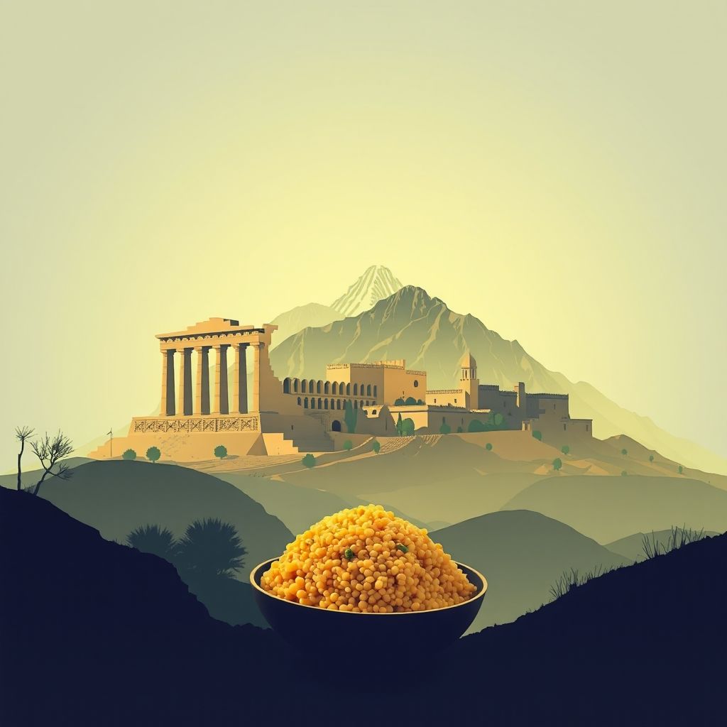 Ultra-high-definition gradient illustration of Beni Mouhli, featuring Djemila ruins, Tell Atlas mountains, and Algerian couscous.