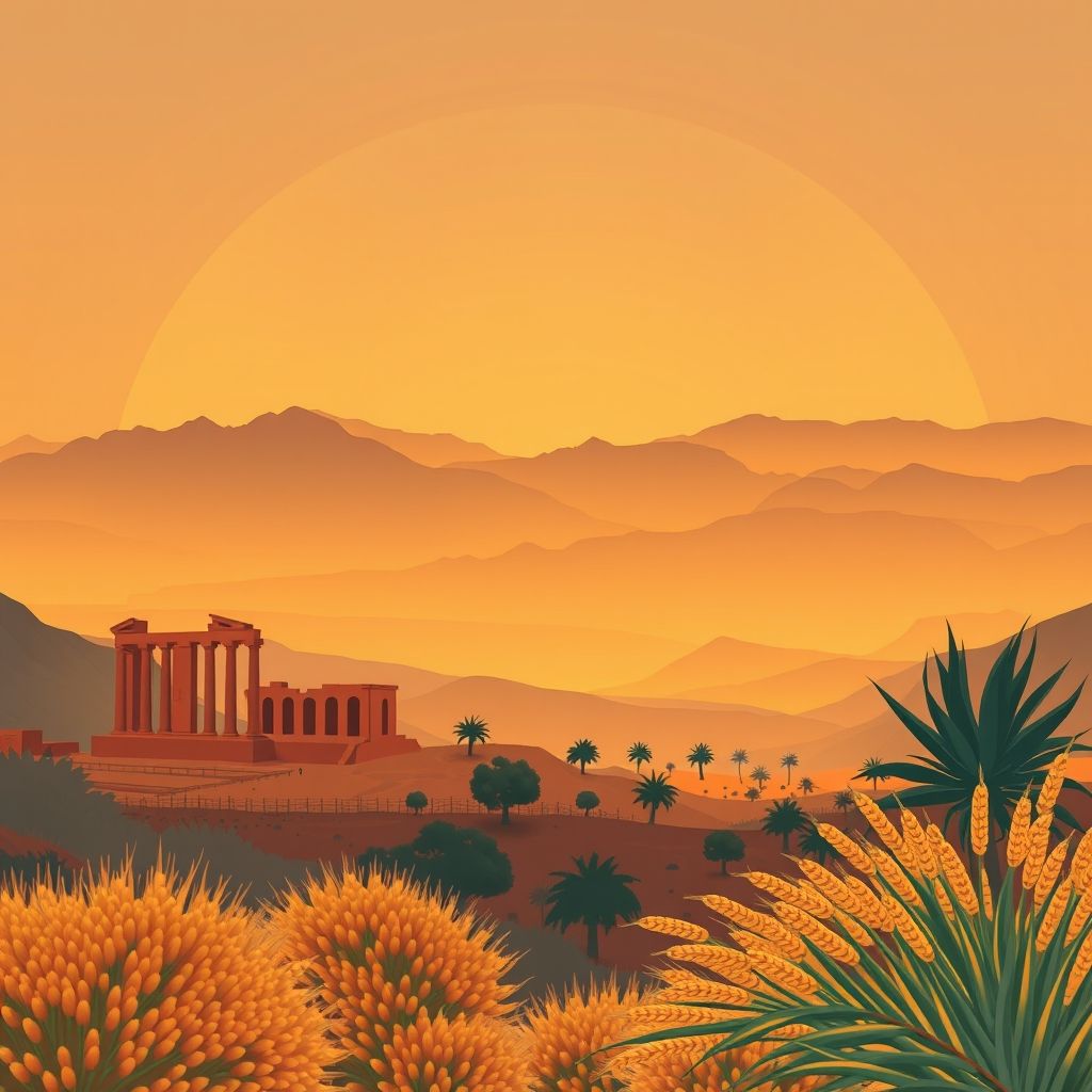 Ultra-high-definition gradient illustration of Ouled Brahem, featuring Cuicul ruins, Bibans mountains, Berber textiles, and couscous.