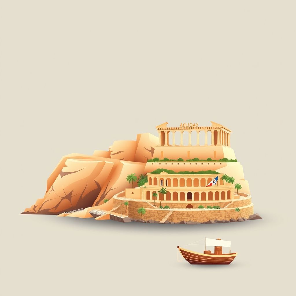 Ultra-high-definition gradient illustration of Ouldja Boulbellout, Ain Kechra, Skikda, Algeria, featuring Stora Beach, the Roman Theatre of Skikda, and Makroudh.